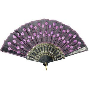 Elegant Black Lace Folding Hand Fan with Pink Floral Embroidery